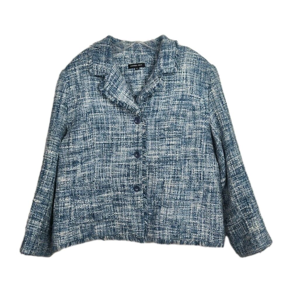 Cynthia Max Tweed Blazer Women's Size‎ XL Blue/White Button-Up Fringe